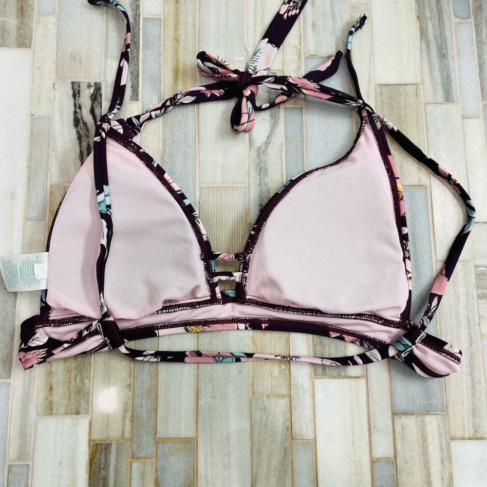 Kona Sol Floral Bikini Set Medium Burgundy Pink Tie Side Halter - Picture 5 of 15